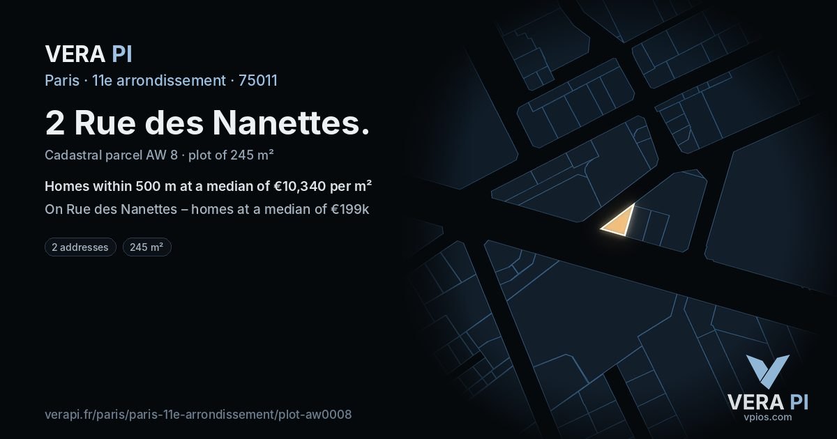 2 Rue des Nanettes, 11e arrondissement at night – the plot lit, the parcels around coloured by the prices near them