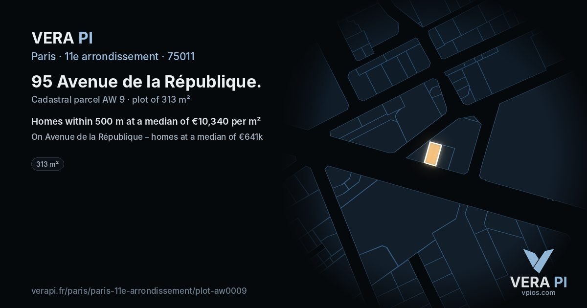 95 Avenue de la République, 11e arrondissement at night – the plot lit, the parcels around coloured by the prices near them