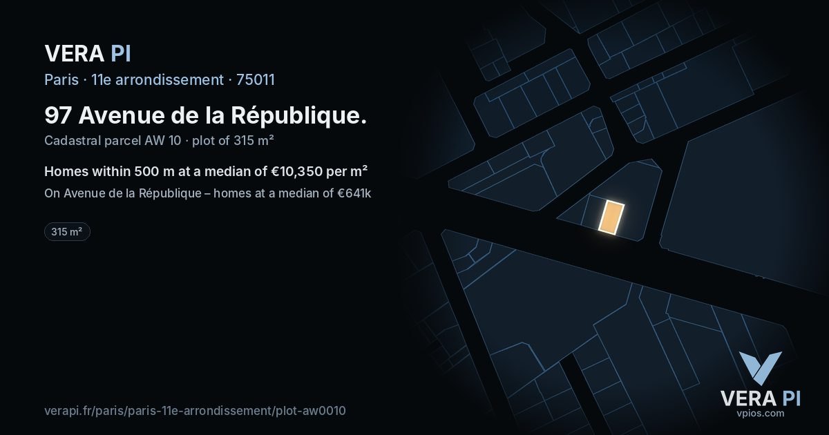 97 Avenue de la République, 11e arrondissement at night – the plot lit, the parcels around coloured by the prices near them