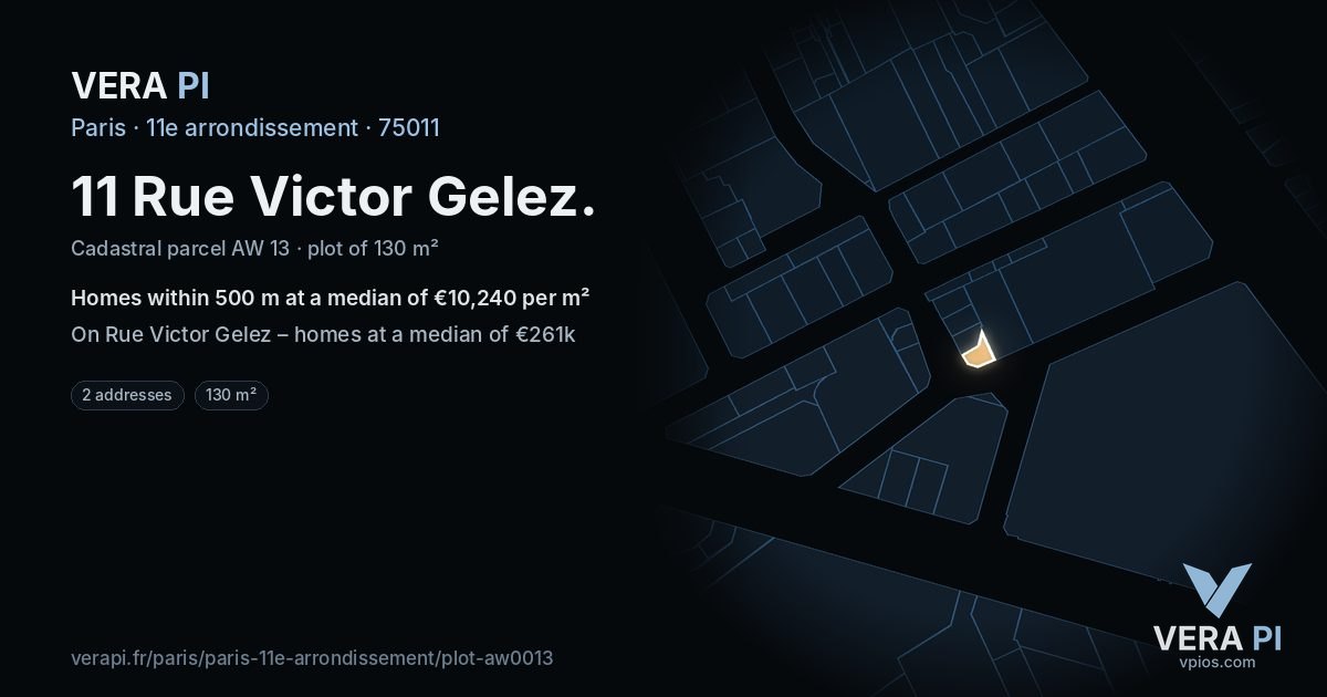 11 Rue Victor Gelez, 11e arrondissement at night – the plot lit, the parcels around coloured by the prices near them
