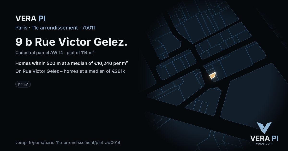 9 b Rue Victor Gelez, 11e arrondissement at night – the plot lit, the parcels around coloured by the prices near them