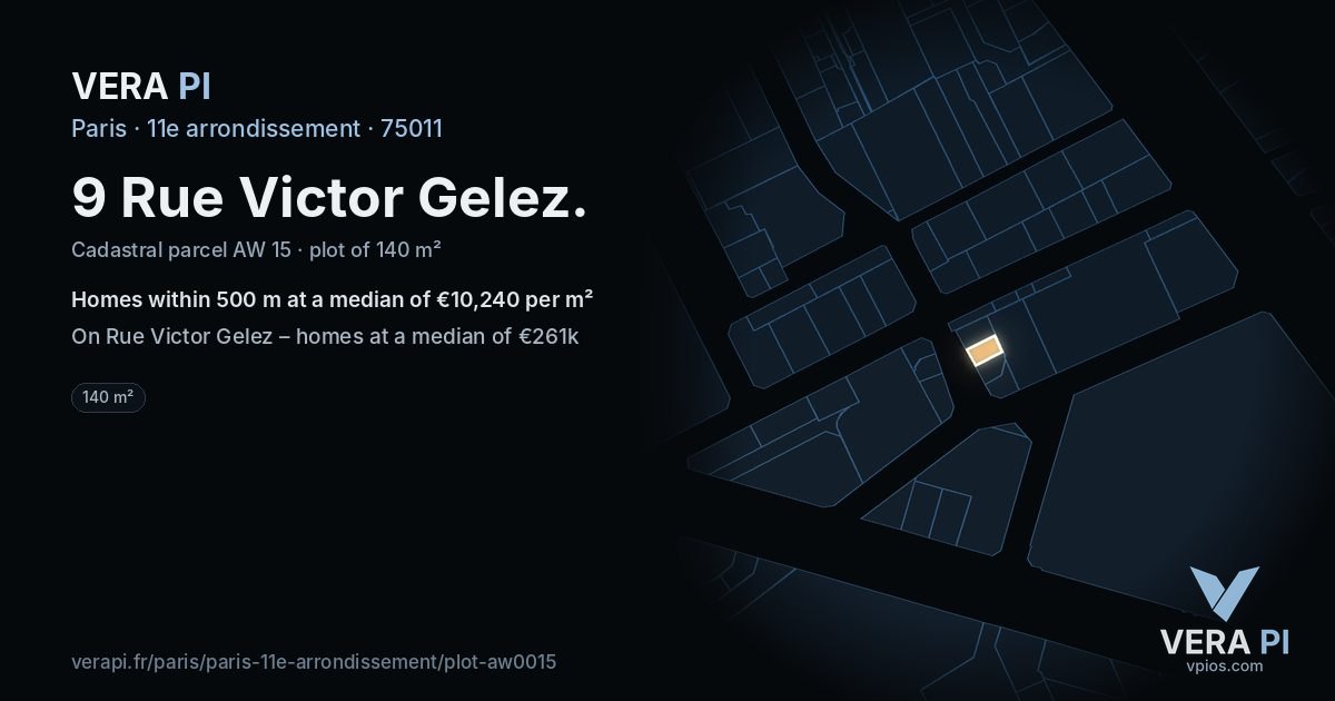 9 Rue Victor Gelez, 11e arrondissement at night – the plot lit, the parcels around coloured by the prices near them