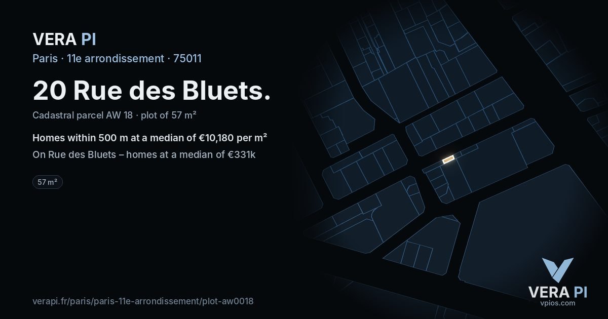20 Rue des Bluets, 11e arrondissement at night – the plot lit, the parcels around coloured by the prices near them