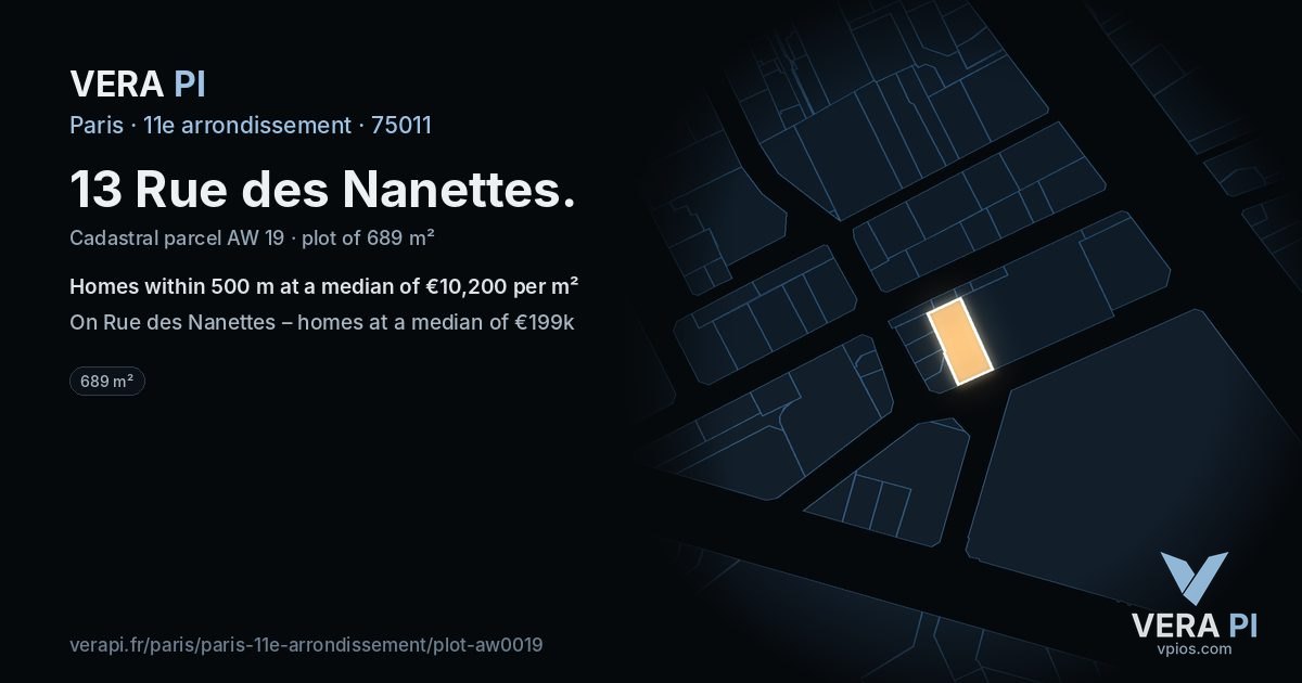 13 Rue des Nanettes, 11e arrondissement at night – the plot lit, the parcels around coloured by the prices near them