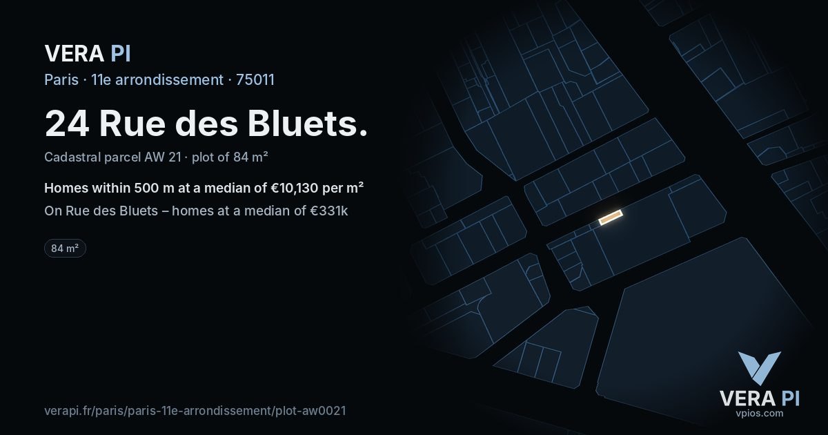 24 Rue des Bluets, 11e arrondissement at night – the plot lit, the parcels around coloured by the prices near them
