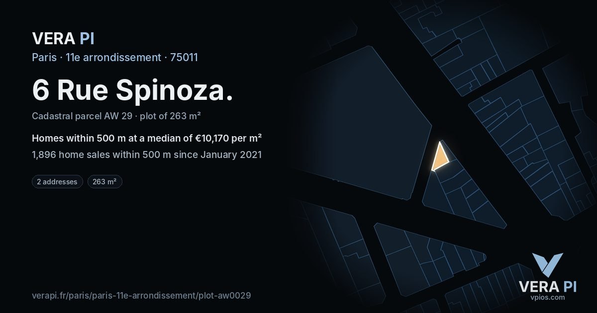 6 Rue Spinoza, 11e arrondissement at night – the plot lit, the parcels around coloured by the prices near them