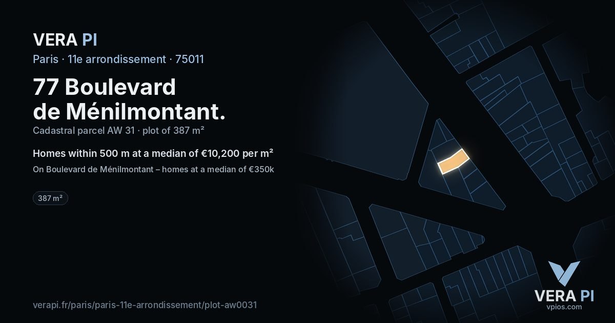 77 Boulevard de Ménilmontant, 11e arrondissement at night – the plot lit, the parcels around coloured by the prices near them
