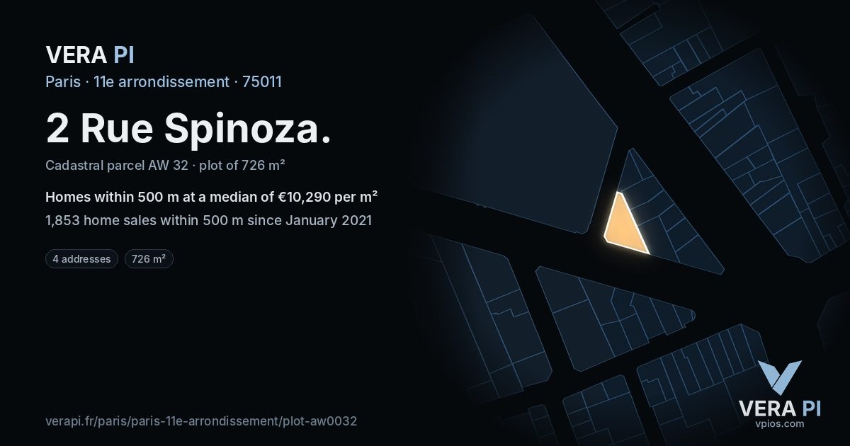 2 Rue Spinoza, 11e arrondissement at night – the plot lit, the parcels around coloured by the prices near them