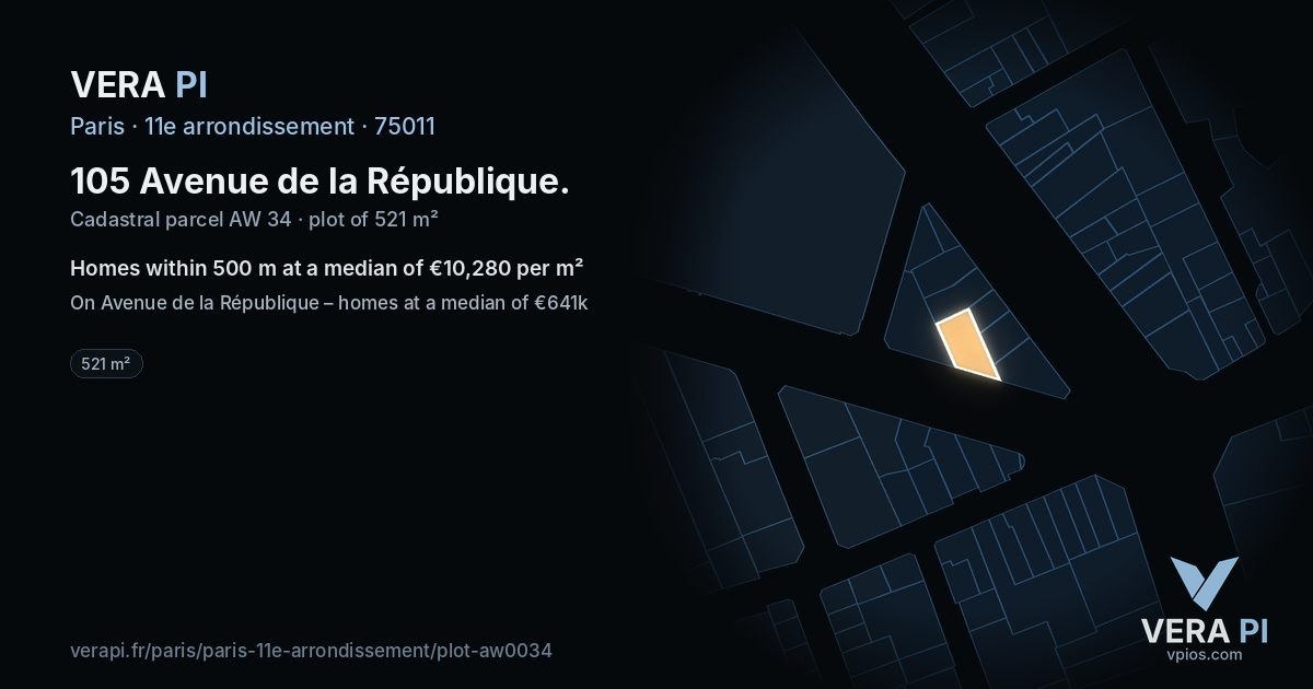 105 Avenue de la République, 11e arrondissement at night – the plot lit, the parcels around coloured by the prices near them