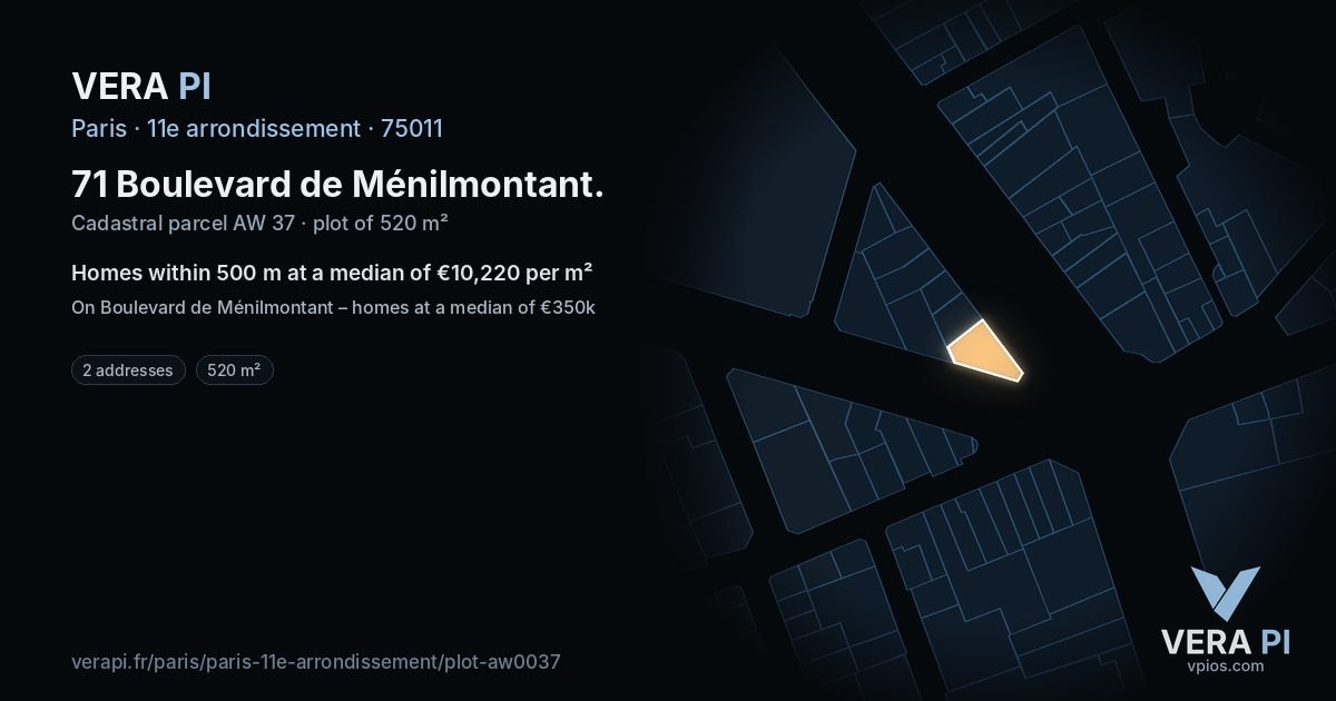 71 Boulevard de Ménilmontant, 11e arrondissement at night – the plot lit, the parcels around coloured by the prices near them