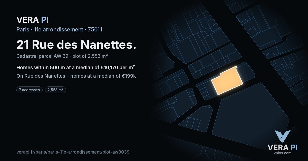21 Rue des Nanettes, 11e arrondissement at night – the plot lit, the parcels around coloured by the prices near them