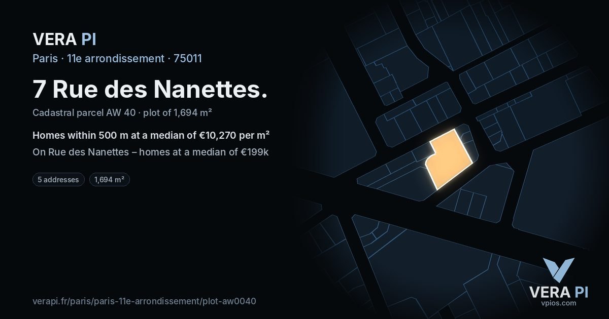 7 Rue des Nanettes, 11e arrondissement at night – the plot lit, the parcels around coloured by the prices near them