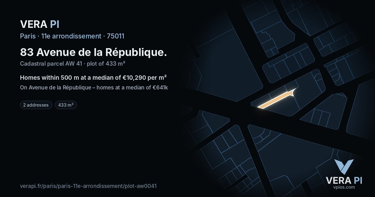 83 Avenue de la République, 11e arrondissement at night – the plot lit, the parcels around coloured by the prices near them