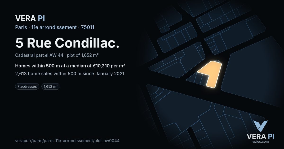5 Rue Condillac, 11e arrondissement at night – the plot lit, the parcels around coloured by the prices near them
