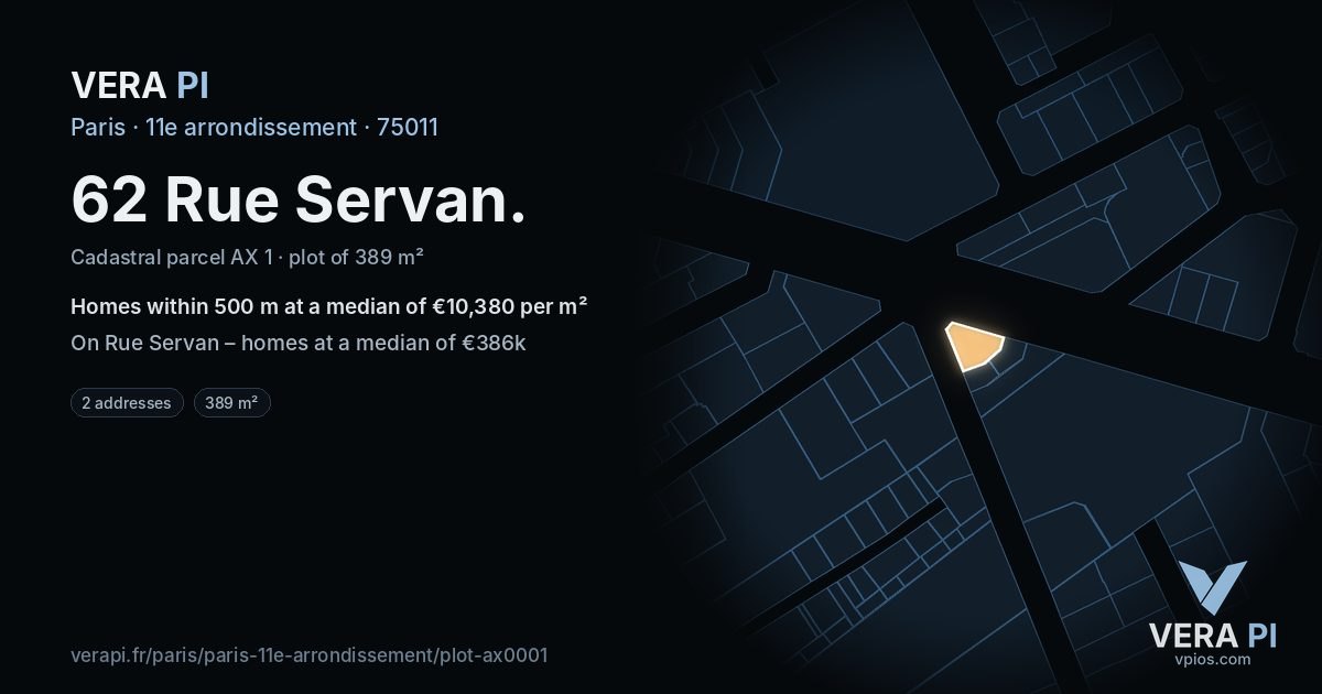 62 Rue Servan, 11e arrondissement at night – the plot lit, the parcels around coloured by the prices near them