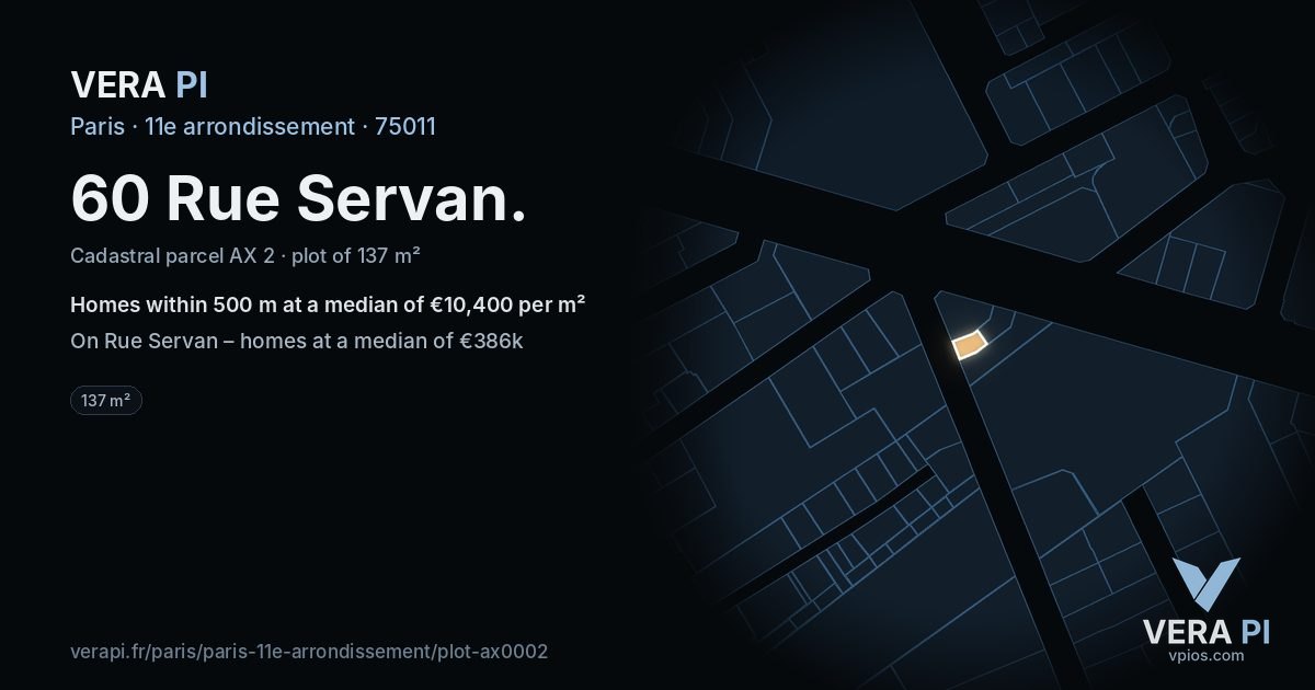 60 Rue Servan, 11e arrondissement at night – the plot lit, the parcels around coloured by the prices near them