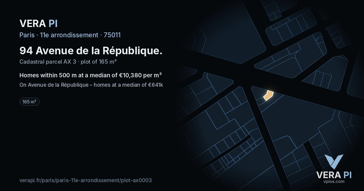 94 Avenue de la République, 11e arrondissement at night – the plot lit, the parcels around coloured by the prices near them