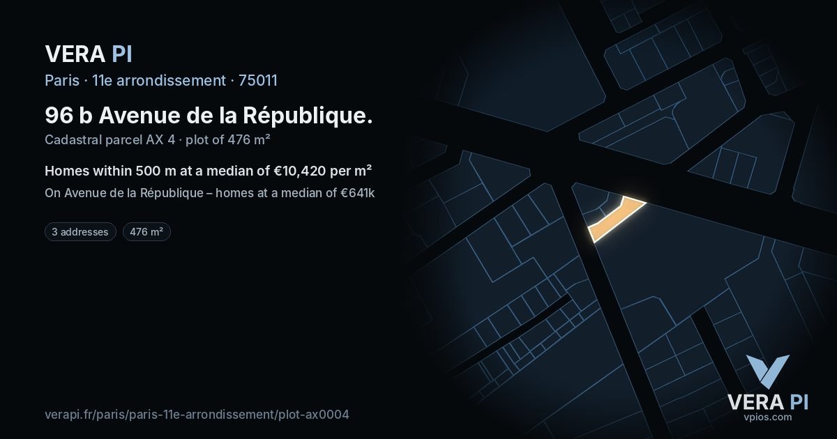 96 b Avenue de la République, 11e arrondissement at night – the plot lit, the parcels around coloured by the prices near them