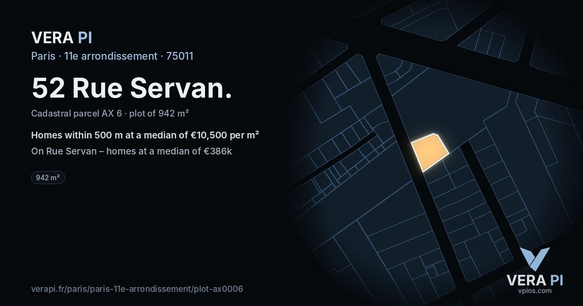 52 Rue Servan, 11e arrondissement at night – the plot lit, the parcels around coloured by the prices near them