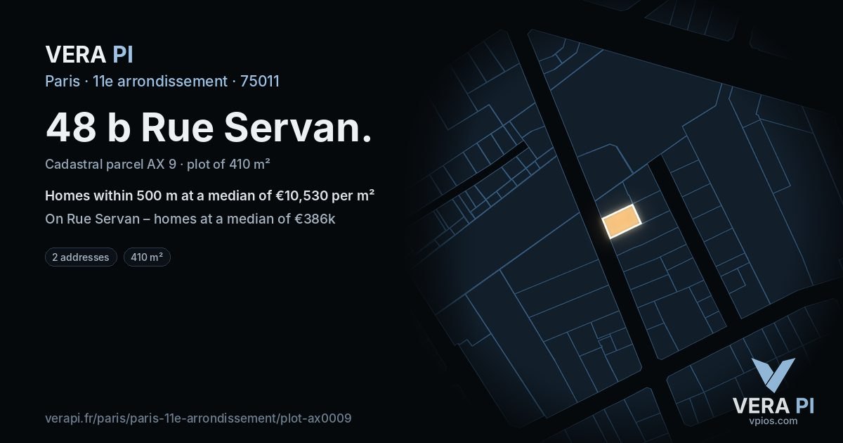 48 b Rue Servan, 11e arrondissement at night – the plot lit, the parcels around coloured by the prices near them