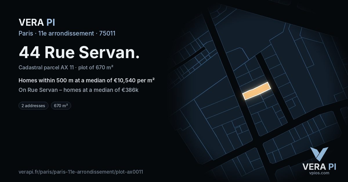 44 Rue Servan, 11e arrondissement at night – the plot lit, the parcels around coloured by the prices near them