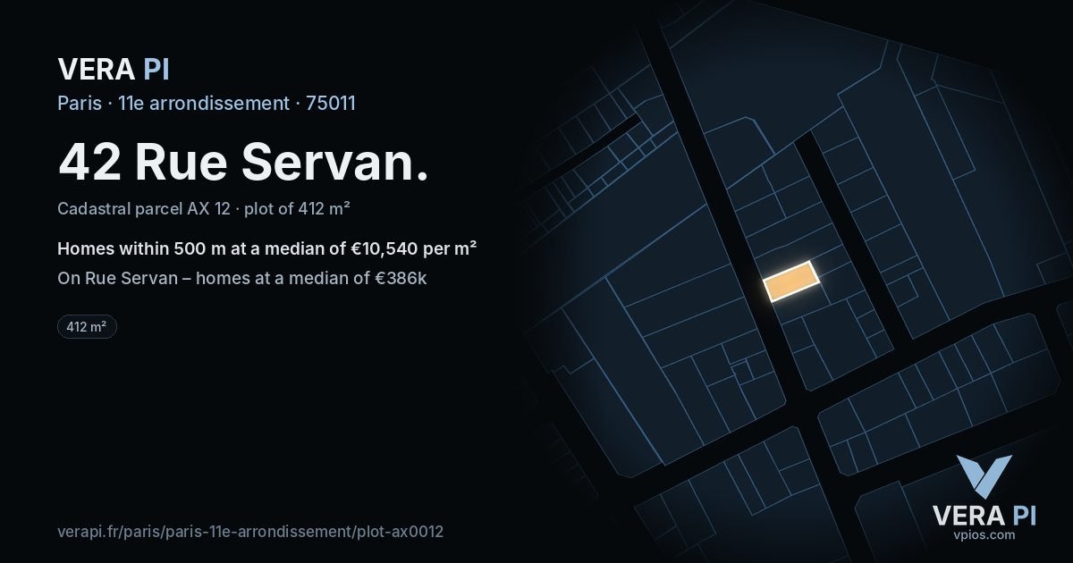 42 Rue Servan, 11e arrondissement at night – the plot lit, the parcels around coloured by the prices near them