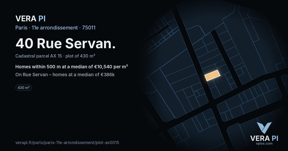 40 Rue Servan, 11e arrondissement at night – the plot lit, the parcels around coloured by the prices near them