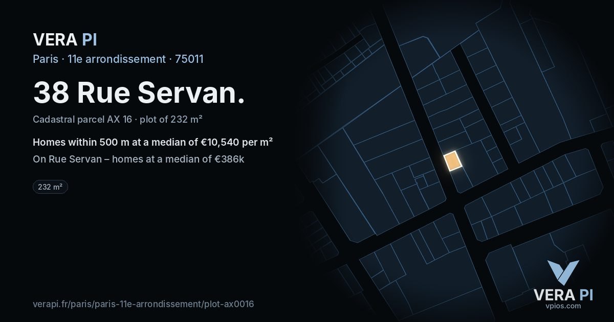 38 Rue Servan, 11e arrondissement at night – the plot lit, the parcels around coloured by the prices near them