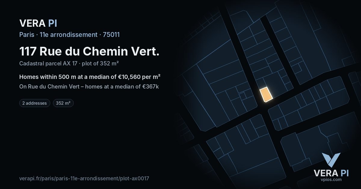 117 Rue du Chemin Vert, 11e arrondissement at night – the plot lit, the parcels around coloured by the prices near them