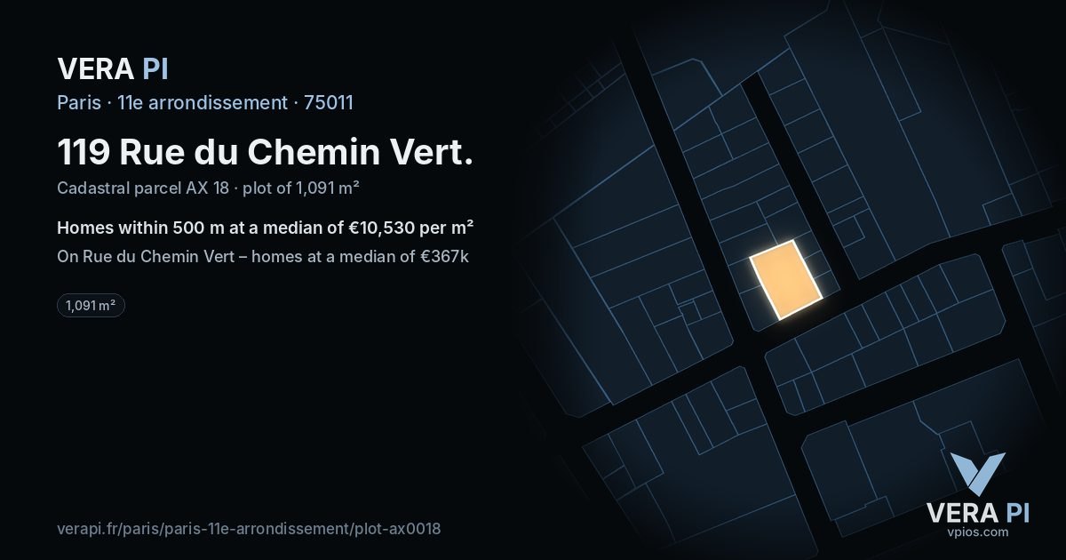 119 Rue du Chemin Vert, 11e arrondissement at night – the plot lit, the parcels around coloured by the prices near them
