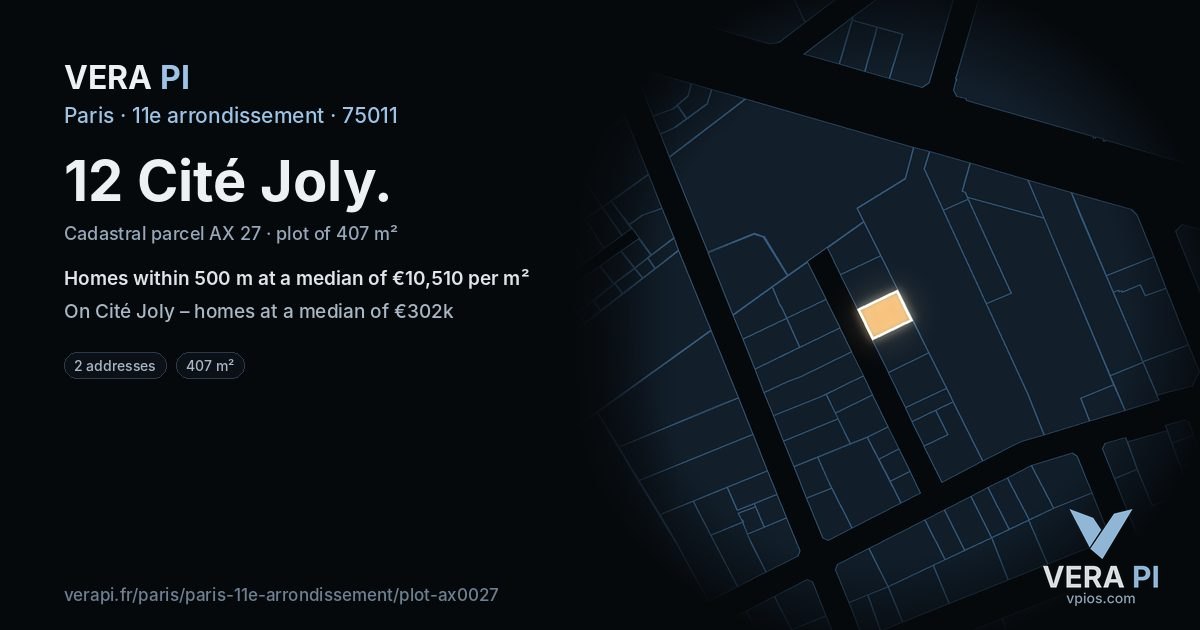 12 Cité Joly, 11e arrondissement at night – the plot lit, the parcels around coloured by the prices near them