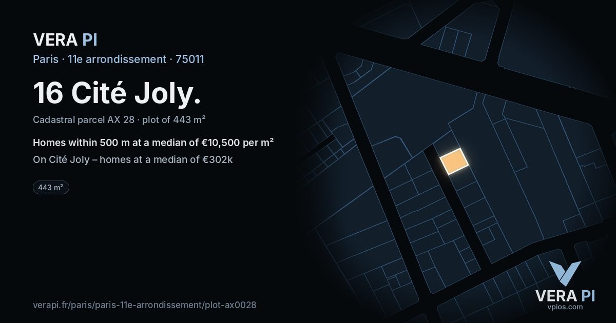 16 Cité Joly, 11e arrondissement at night – the plot lit, the parcels around coloured by the prices near them