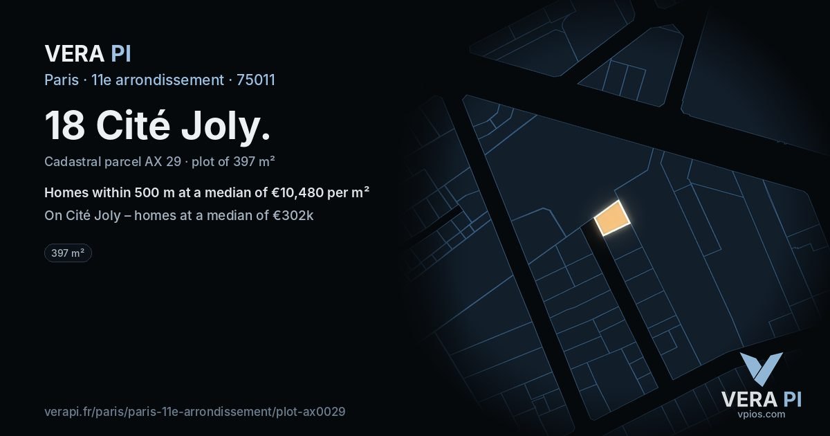 18 Cité Joly, 11e arrondissement at night – the plot lit, the parcels around coloured by the prices near them