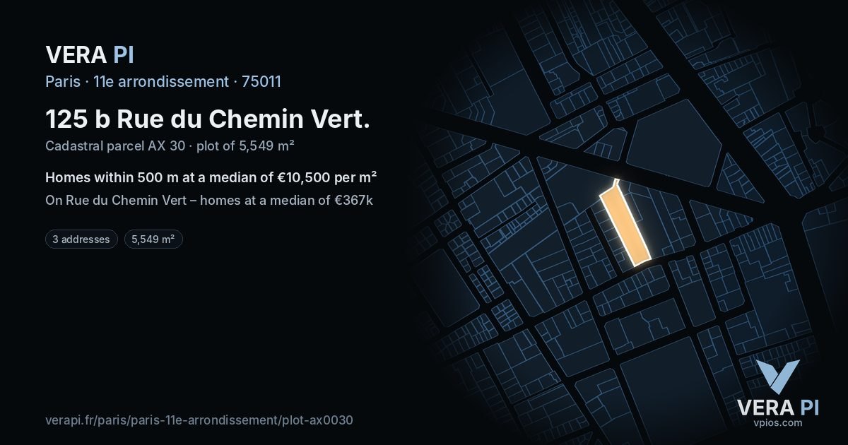 125 b Rue du Chemin Vert, 11e arrondissement at night – the plot lit, the parcels around coloured by the prices near them