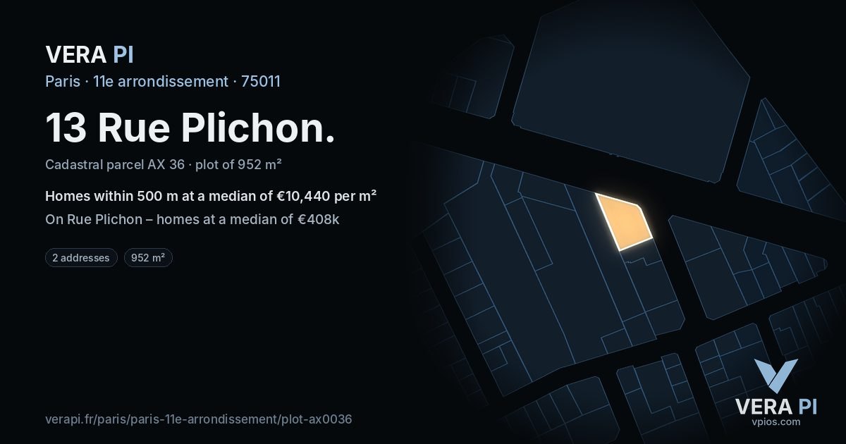 13 Rue Plichon, 11e arrondissement at night – the plot lit, the parcels around coloured by the prices near them