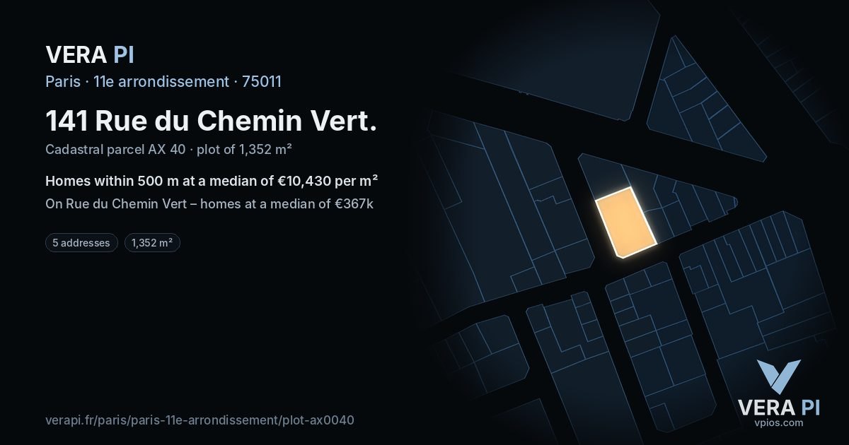 141 Rue du Chemin Vert, 11e arrondissement at night – the plot lit, the parcels around coloured by the prices near them