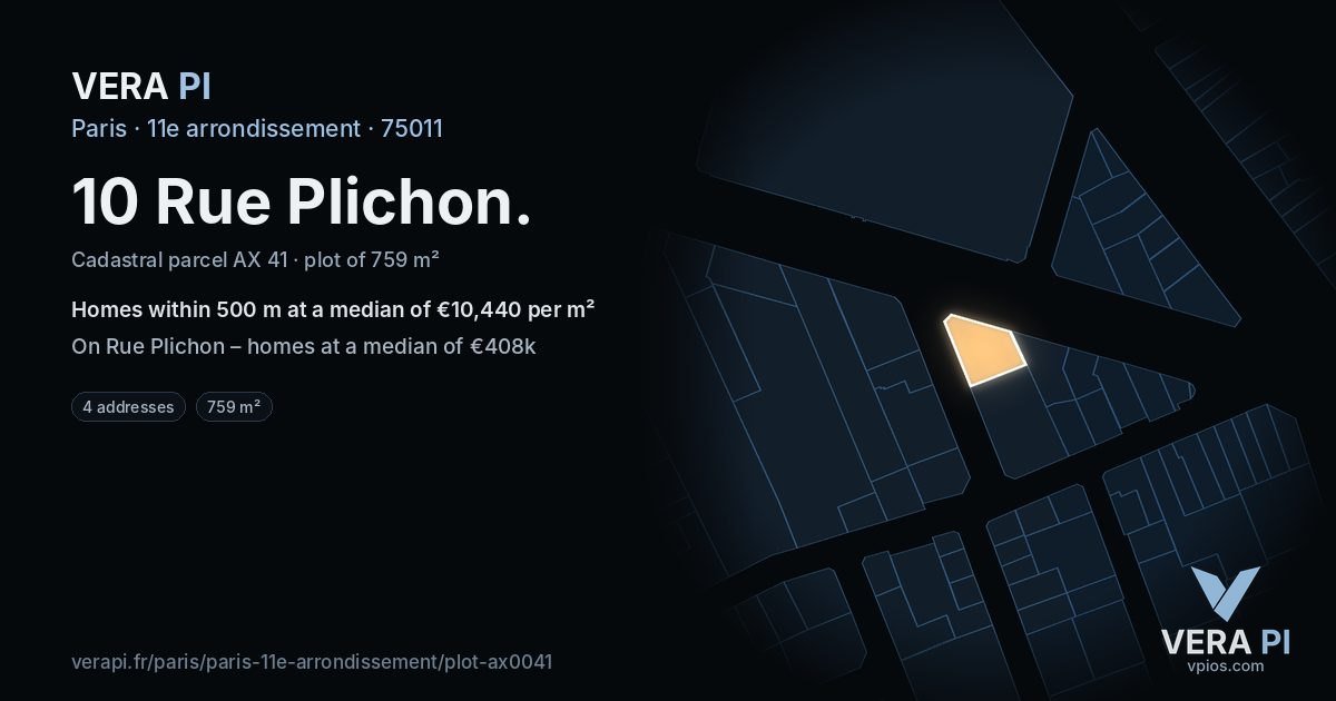 10 Rue Plichon, 11e arrondissement at night – the plot lit, the parcels around coloured by the prices near them