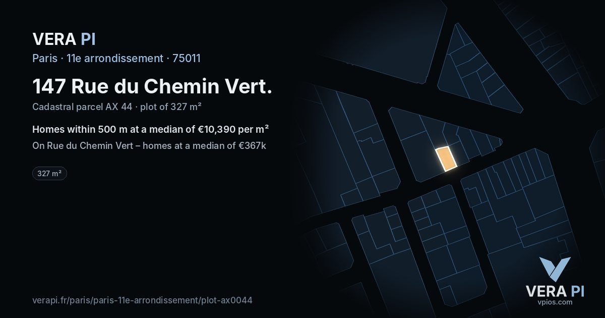 147 Rue du Chemin Vert, 11e arrondissement at night – the plot lit, the parcels around coloured by the prices near them
