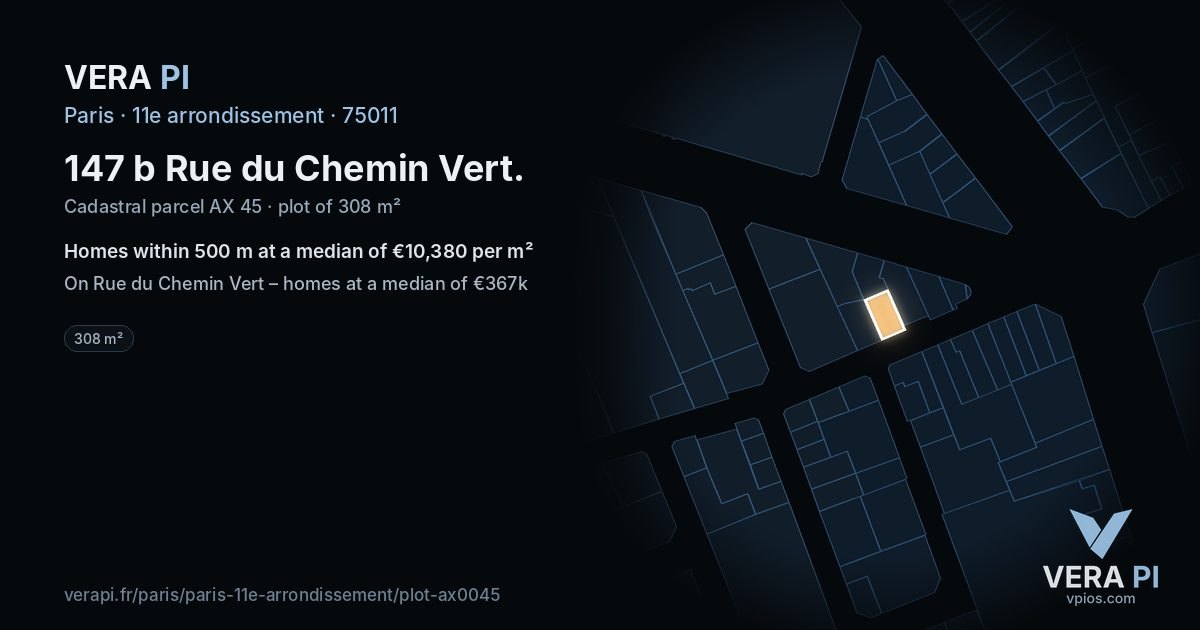 147 b Rue du Chemin Vert, 11e arrondissement at night – the plot lit, the parcels around coloured by the prices near them