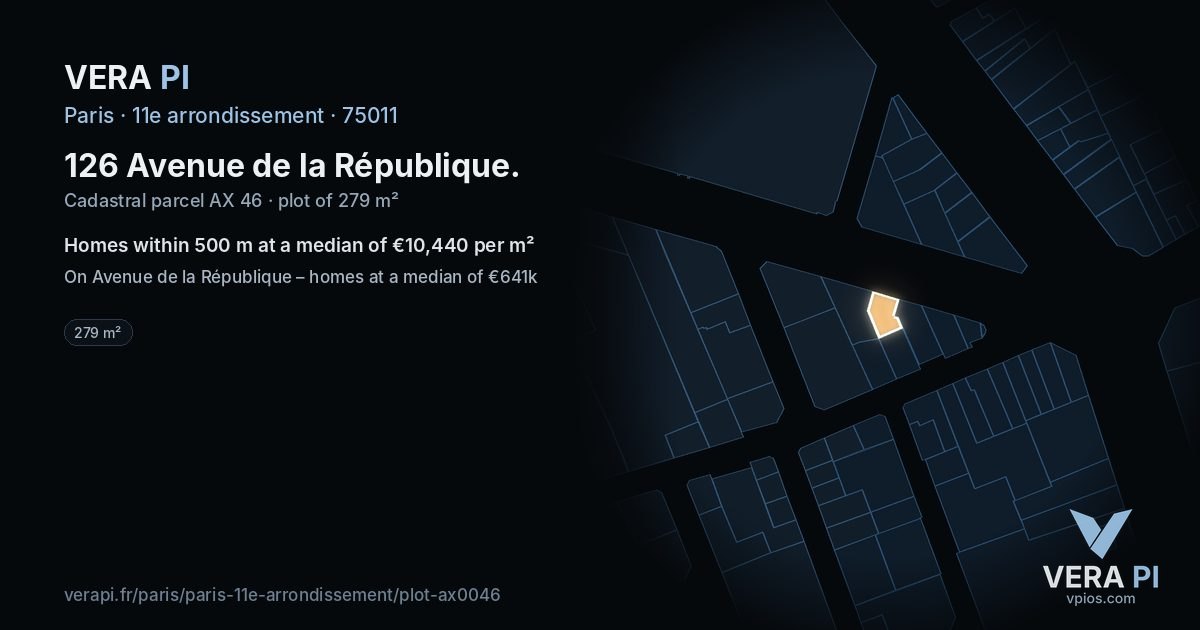 126 Avenue de la République, 11e arrondissement at night – the plot lit, the parcels around coloured by the prices near them