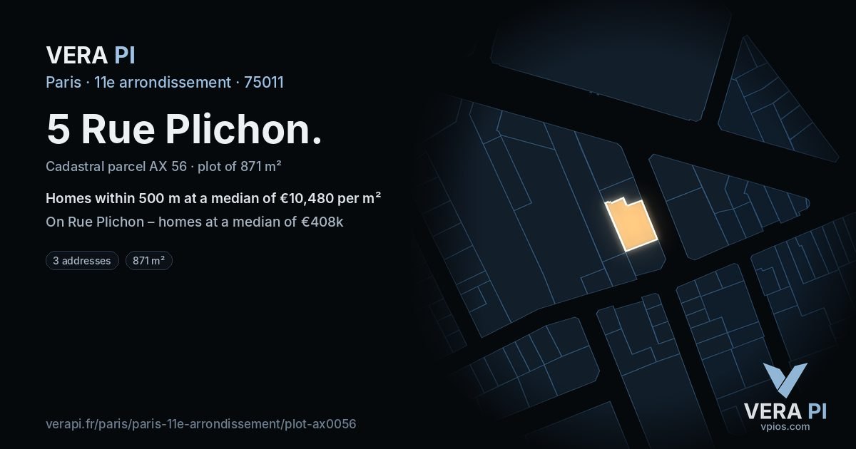 5 Rue Plichon, 11e arrondissement at night – the plot lit, the parcels around coloured by the prices near them