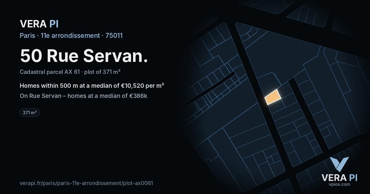 50 Rue Servan, 11e arrondissement at night – the plot lit, the parcels around coloured by the prices near them