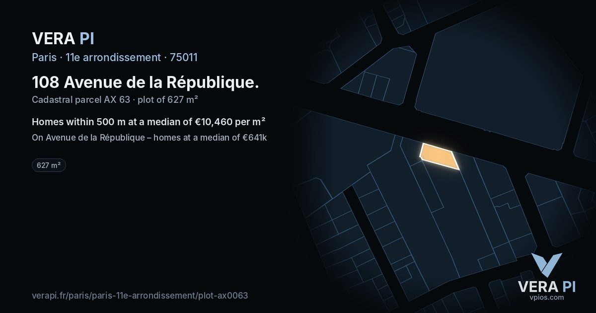 108 Avenue de la République, 11e arrondissement at night – the plot lit, the parcels around coloured by the prices near them