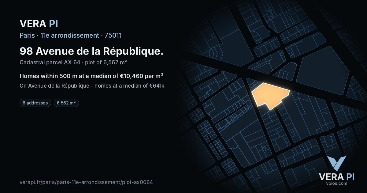 98 Avenue de la République, 11e arrondissement at night – the plot lit, the parcels around coloured by the prices near them
