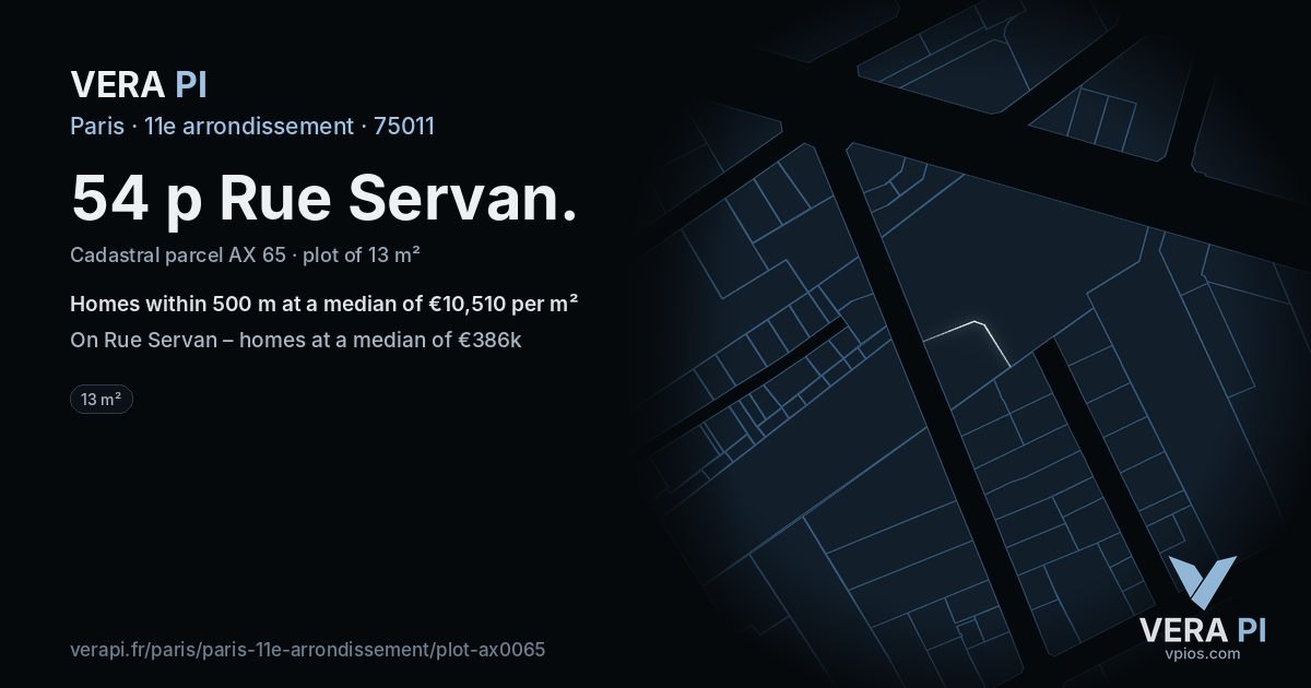 54 p Rue Servan, 11e arrondissement at night – the plot lit, the parcels around coloured by the prices near them