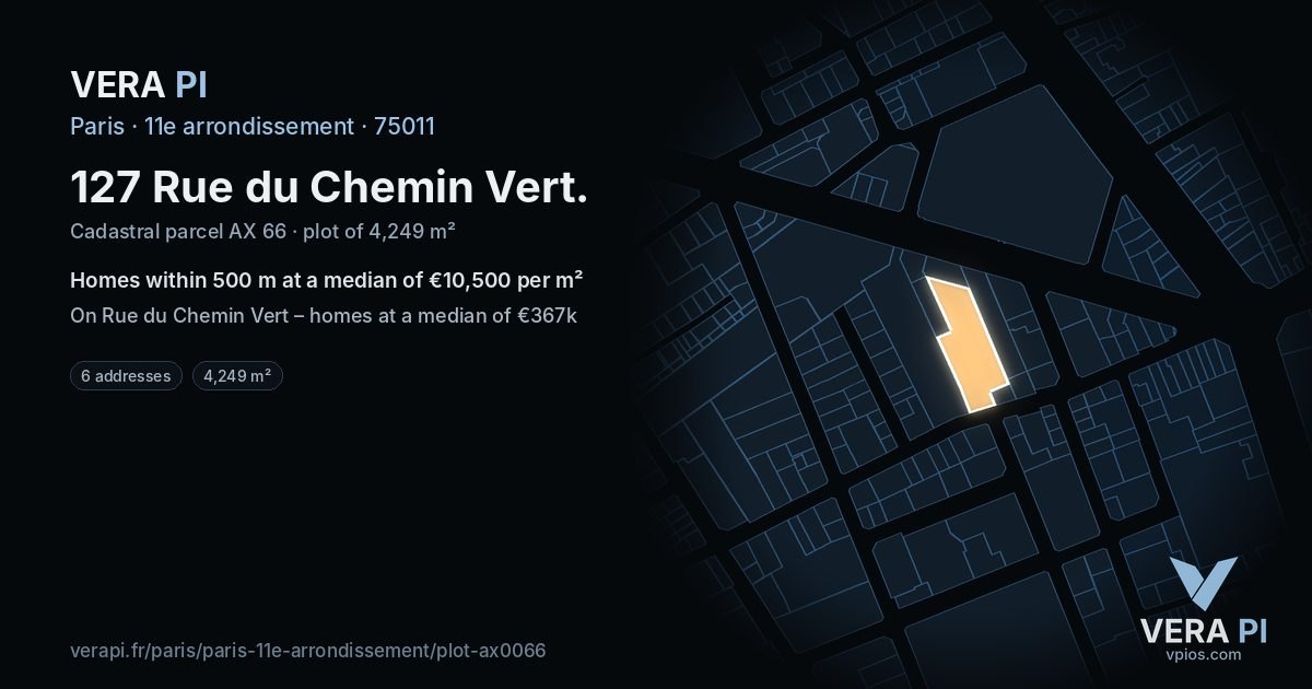 127 Rue du Chemin Vert, 11e arrondissement at night – the plot lit, the parcels around coloured by the prices near them