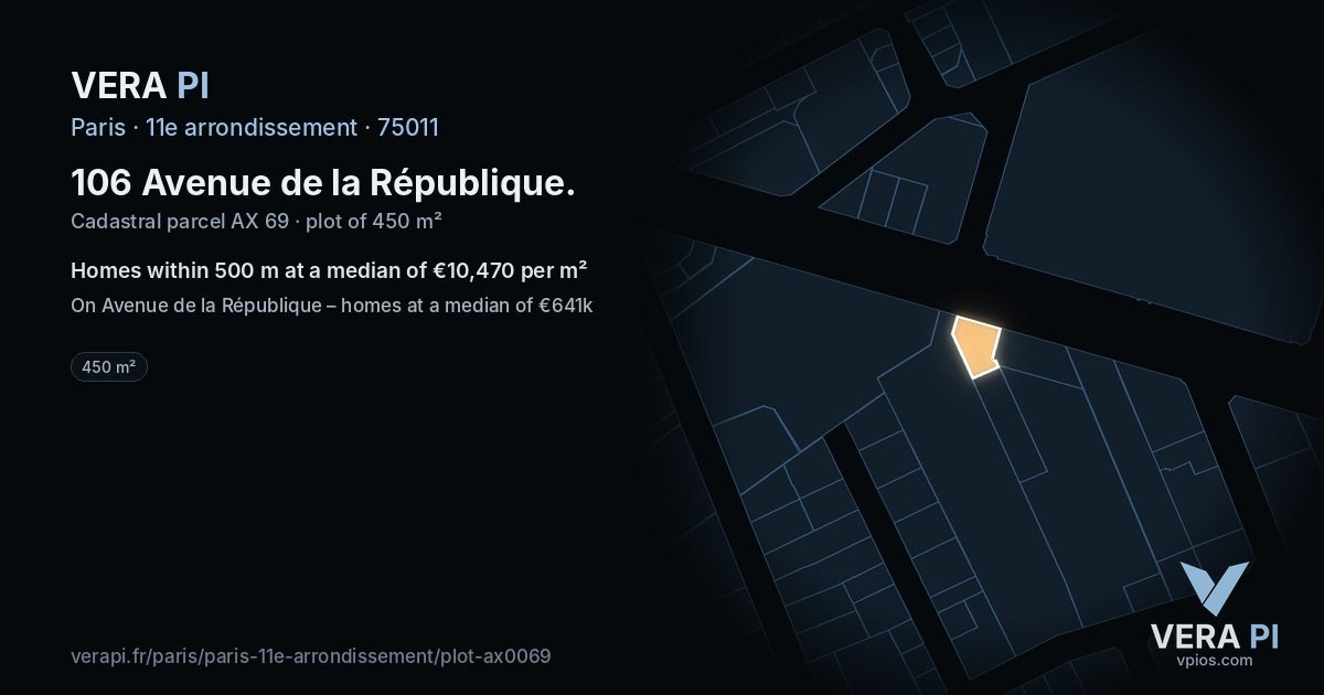 106 Avenue de la République, 11e arrondissement at night – the plot lit, the parcels around coloured by the prices near them