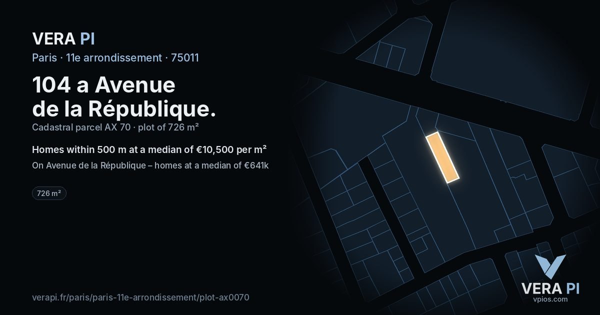 104 a Avenue de la République, 11e arrondissement at night – the plot lit, the parcels around coloured by the prices near them