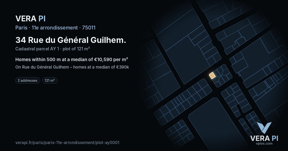 34 Rue du Général Guilhem, 11e arrondissement at night – the plot lit, the parcels around coloured by the prices near them
