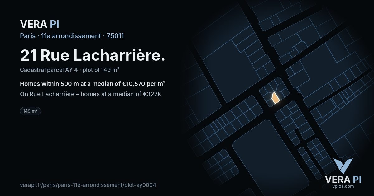 21 Rue Lacharrière, 11e arrondissement at night – the plot lit, the parcels around coloured by the prices near them